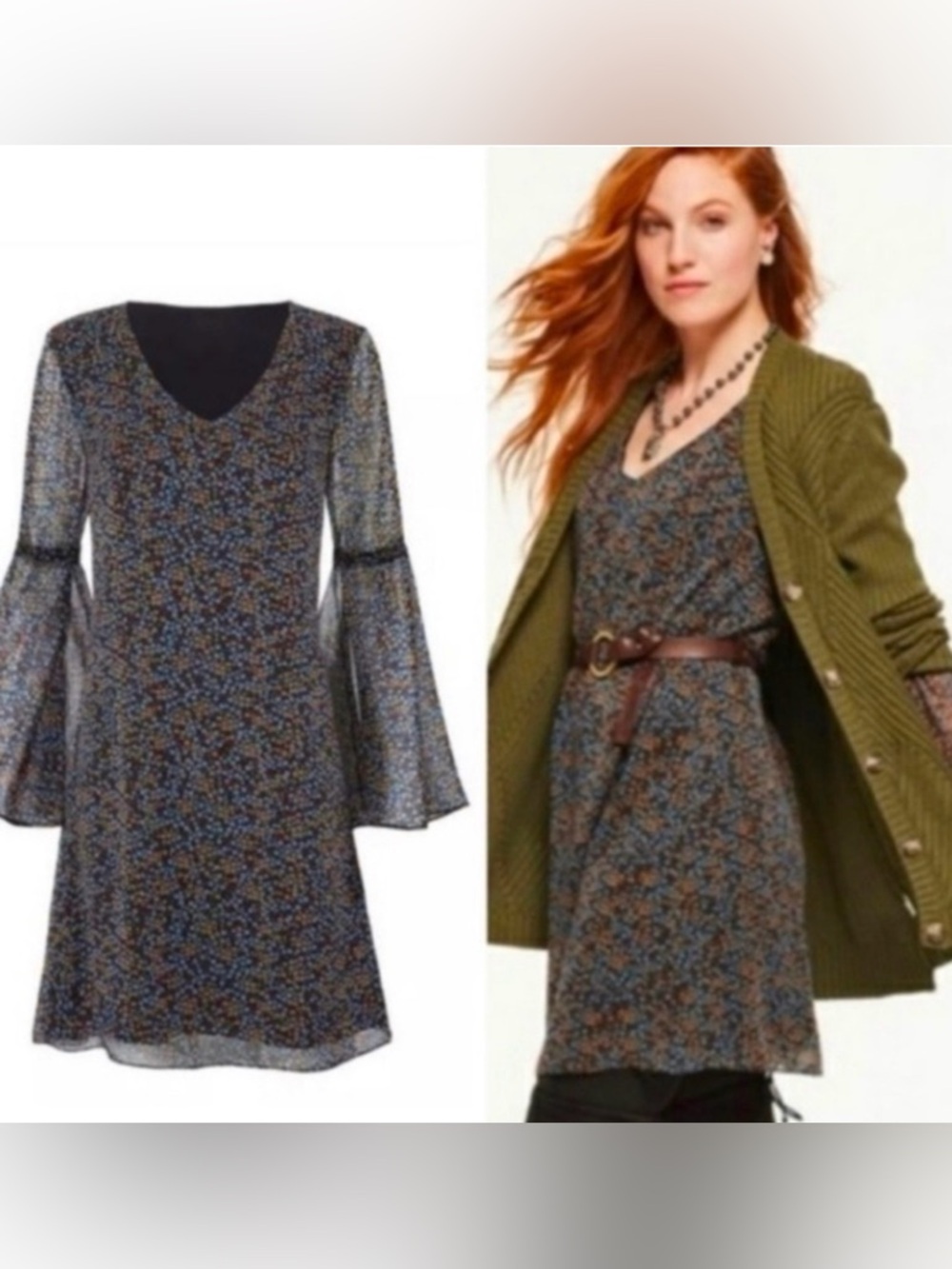 CAbi Poise Baby Floral V-Neck Bell Sleeve Dress   3648 Medium